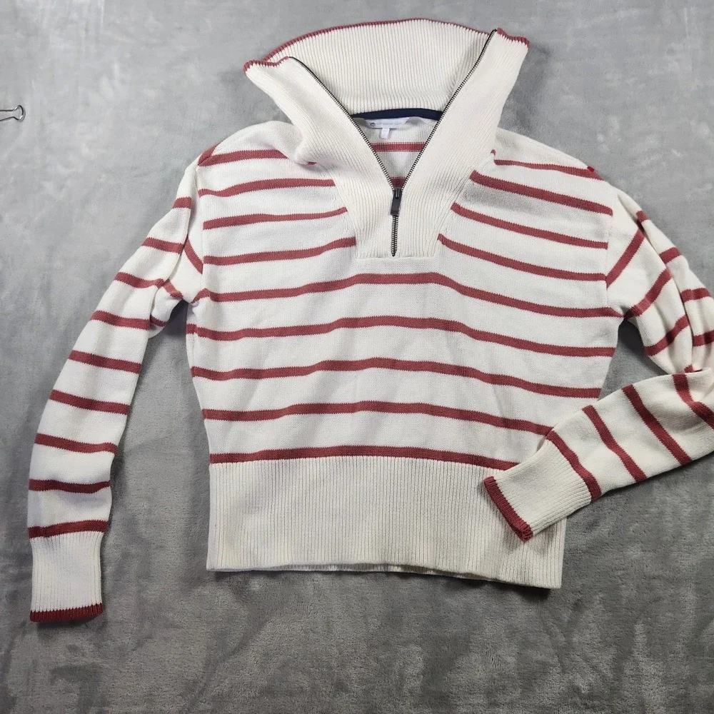 Southern Tide Women's Maize 1/4 Zip White‎ Coral Stripe Sweater Size Small